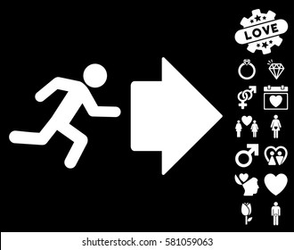 Exit Direction icon with bonus passion images. Vector illustration style is flat iconic white symbols on black background.