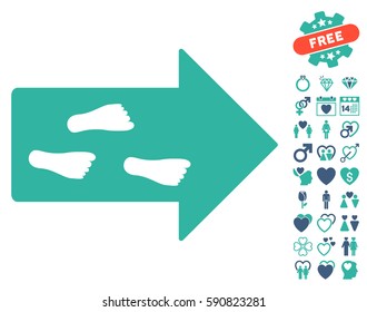 Exit Direction icon with bonus passion design elements. Vector illustration style is flat iconic cobalt and cyan symbols on white background.
