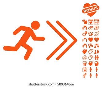 Exit Direction icon with bonus romantic graphic icons. Vector illustration style is flat iconic orange symbols on white background.