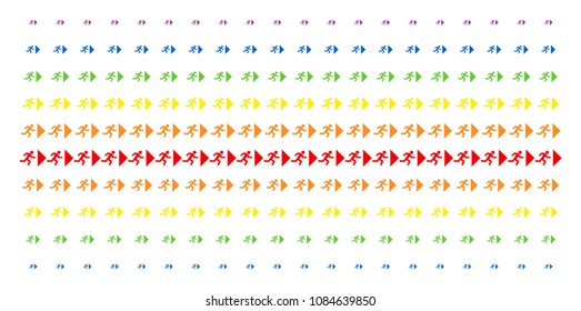 Exit Direction icon rainbow colored halftone pattern. Vector items arranged into halftone matrix with vertical spectral gradient. Designed for backgrounds, covers, templates and abstract compositions.