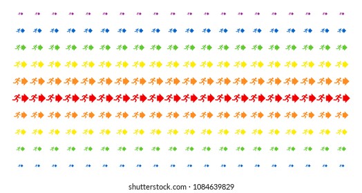 Exit Direction icon spectral halftone pattern. Vector items organized into halftone grid with vertical spectrum gradient. Designed for backgrounds, covers, templates and abstraction concepts.