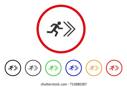 Exit Direction icon. Vector illustration style is a flat iconic exit direction gray rounded symbol inside red circle with black, gray, green, blue, red, orange color versions.