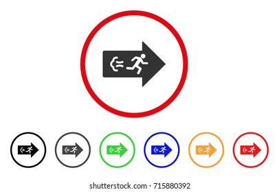 Exit Direction icon. Vector illustration style is a flat iconic exit direction gray rounded symbol inside red circle with black, gray, green, blue, red, orange color variants.