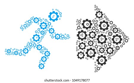 Exit Direction mosaic of gear wheels. Vector gear wheel items are united into exit direction figure.