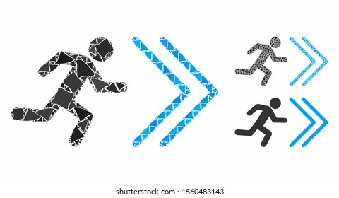 Exit direction mosaic of irregular parts in various sizes and color hues, based on exit direction icon. Vector rough parts are grouped into mosaic. Exit direction icons collage with dotted pattern.