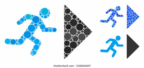 Exit direction mosaic of round dots in different sizes and shades, based on exit direction icon. Vector round dots are combined into blue mosaic. Dotted exit direction icon in usual and blue versions.