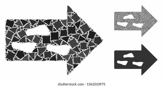 Exit direction mosaic of trembly elements in various sizes and color tinges, based on exit direction icon. Vector irregular elements are united into mosaic.