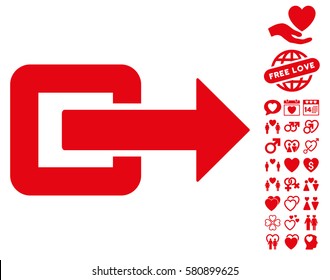 Exit Direction pictograph with bonus dating design elements. Vector illustration style is flat iconic red symbols on white background.