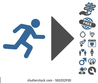 Exit Direction pictograph with bonus decoration icon set. Vector illustration style is flat iconic cobalt and gray symbols on white background.