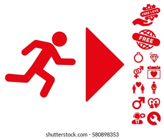 Exit Direction pictograph with bonus romantic graphic icons. Vector illustration style is flat iconic red symbols on white background.