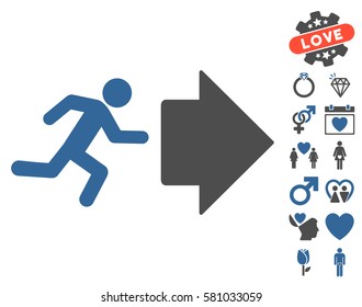 Exit Direction pictograph with bonus valentine pictures. Vector illustration style is flat iconic cobalt and gray symbols on white background.