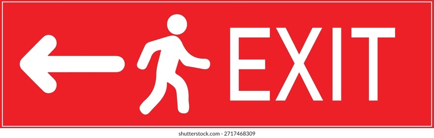 Exit Direction Sign with Running Man and Left Arrow on Red Background – Emergency Exit and Evacuation Route Signage, Fire Safety Wayfinding Symbol, Escape Route Indicator for Buildings, Public Facilities, Workplaces, and Transportation Areas.