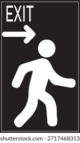 Wegweiser mit Running Man und Pfeil nach rechts auf schwarzem Hintergrund - Notausgangs- und Evakuierungswegbeschilderung, Brandschutzsymbol, Fluchtwegindikator für Gebäude, öffentliche Einrichtungen, Arbeitsplätze und Transportgebiete.