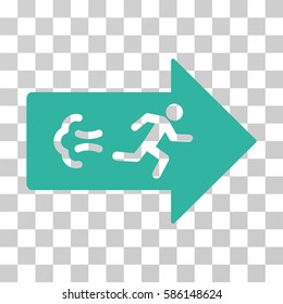Exit Direction vector pictogram. Illustration style is flat iconic cyan symbol on a transparent background.