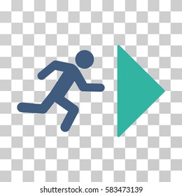 Exit Direction vector pictograph. Illustration style is flat iconic bicolor cobalt and cyan symbol on a transparent background.