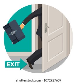 Exit door and bisunessman with leather briefcase that leaves