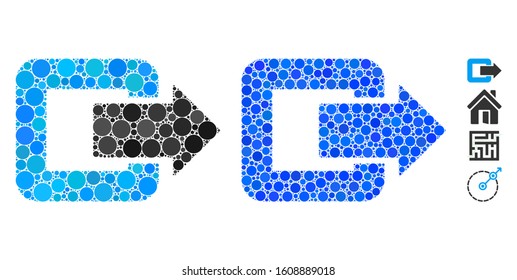 Exit door composition of round dots in different sizes and shades, based on exit door icon. Vector round dots are united into blue composition. Dotted exit door icon in usual and blue versions.
