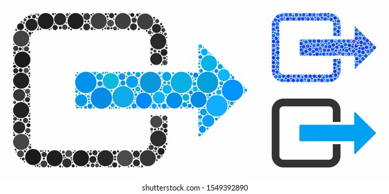 Exit door composition of small circles in variable sizes and color tinges, based on exit door icon. Vector random circles are organized into blue composition.