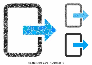 Exit door composition of trembly items in variable sizes and color tones, based on exit door icon. Vector uneven items are grouped into composition. Exit door icons collage with dotted pattern.