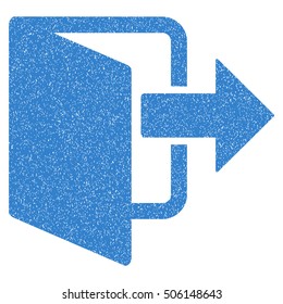 Exit Door grainy textured icon for overlay watermark stamps. Flat symbol with dust texture. Dotted vector cobalt ink rubber seal stamp with grunge design on a white background.