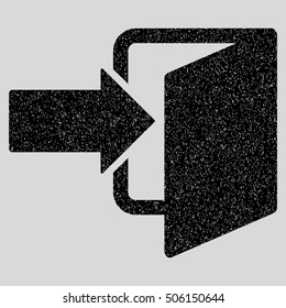 Exit Door grainy textured icon for overlay watermark stamps. Flat symbol with dust texture. Dotted vector black ink rubber seal stamp with grunge design on a light gray background.