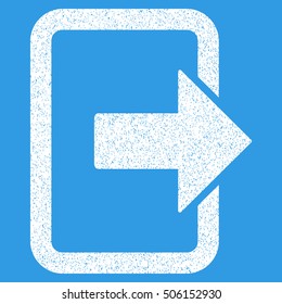 Exit Door grainy textured icon for overlay watermark stamps. Flat symbol with dirty texture. Dotted vector white ink rubber seal stamp with grunge design on a blue background.