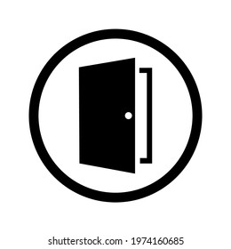 EXIT DOOR ICON IN BLACK WITH CIRCLE FRAME. VECTOR GRAPHIC RESOURCE