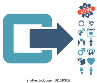 Exit Door icon with bonus dating images. Vector illustration style is flat iconic cyan and blue symbols on white background.