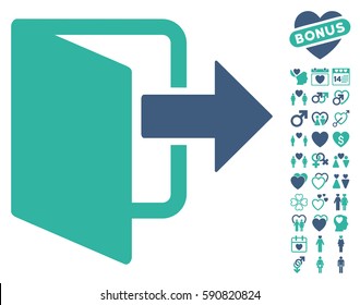 Exit Door icon with bonus decoration pictures. Vector illustration style is flat iconic cobalt and cyan symbols on white background.