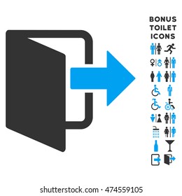 Exit Door icon and bonus gentleman and woman toilet symbols. Vector illustration style is flat iconic bicolor symbols, blue and gray colors, white background.