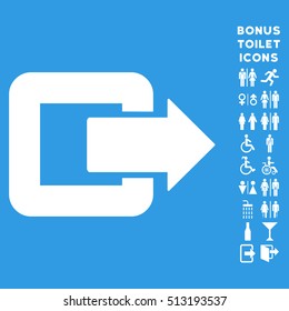 Exit Door icon and bonus gentleman and female WC symbols. Vector illustration style is flat iconic symbols, white color, blue background.