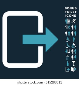 Exit Door icon and bonus gentleman and female WC symbols. Vector illustration style is flat iconic bicolor symbols, blue and white colors, dark blue background.