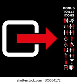 Exit Door icon and bonus male and lady toilet symbols. Vector illustration style is flat iconic bicolor symbols, red and white colors, black background.