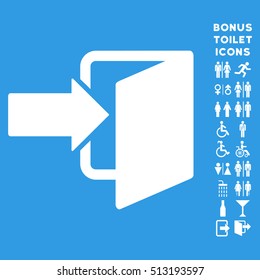 Exit Door icon and bonus male and woman lavatory symbols. Vector illustration style is flat iconic symbols, white color, blue background.