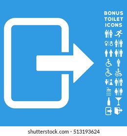 Exit Door icon and bonus male and female restroom symbols. Vector illustration style is flat iconic symbols, white color, blue background.