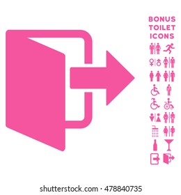 Exit Door icon and bonus man and woman restroom symbols. Vector illustration style is flat iconic symbols, pink color, white background.