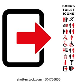 Exit Door icon and bonus man and lady WC symbols. Vector illustration style is flat iconic bicolor symbols, intensive red and black colors, white background.