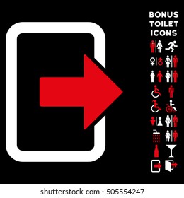 Exit Door icon and bonus man and female toilet symbols. Vector illustration style is flat iconic bicolor symbols, red and white colors, black background.