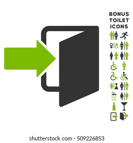 Exit Door icon and bonus man and woman toilet symbols. Vector illustration style is flat iconic bicolor symbols, eco green and gray colors, white background.