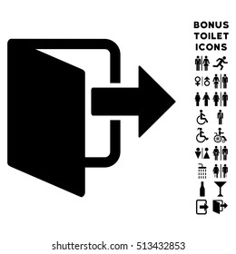 Exit Door icon and bonus man and lady WC symbols. Vector illustration style is flat iconic symbols, black color, white background.