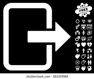 Exit Door icon with bonus passion design elements. Vector illustration style is flat iconic white symbols on black background.