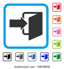 Exit Door icon. Flat grey iconic symbol in a light blue rounded rectangle. Black, gray, green, blue, red, orange color variants of Exit Door vector. Designed for web and app UI.