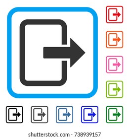 Exit Door icon. Flat grey iconic symbol in a light blue rounded frame. Black, gray, green, blue, red, orange color variants of Exit Door vector. Designed for web and application user interface.
