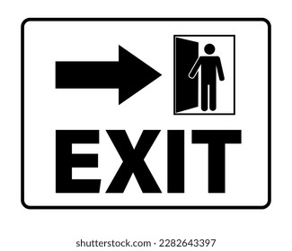 Exit door indication sign with a silhouette of person opening the door, a directional arrow and text