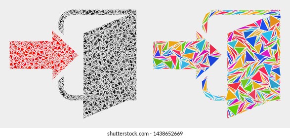 Exit door mosaic icon of triangle elements which have various sizes and shapes and colors. Geometric abstract vector design concept of exit door.