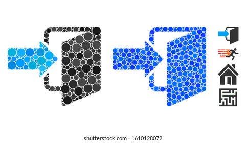 Exit door mosaic of small circles in various sizes and shades, based on exit door icon. Vector small circles are combined into blue collage. Dotted exit door icon in usual and blue versions.