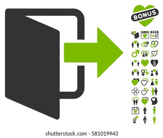 Exit Door pictograph with bonus marriage images. Vector illustration style is flat iconic eco green and gray symbols on white background.