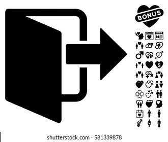 Exit Door pictograph with bonus romantic icon set. Vector illustration style is flat iconic black symbols on white background.