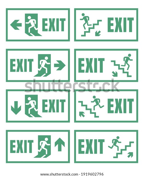 exit door sign\
set, emergency fire exit\
label