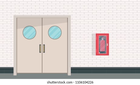 exit door vector. door vector. free space for text. wallpaper. brick wall vector. Fire extinguisher vector.